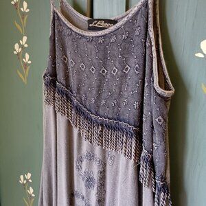 L'Pogee Indigo Cotton Midi Sun Dress w Embroidery & Fringes Ties in Back Size 8